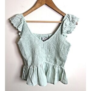 Poof New York Shirt Womens Sz M Mint Green Cottage Ruffle Eyelet Top Blouse